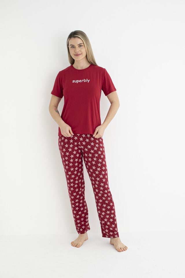 Kadın Yazlık Superbly Yazılı Kısa Kollu Soft Pijama Takımı - Kırmızı