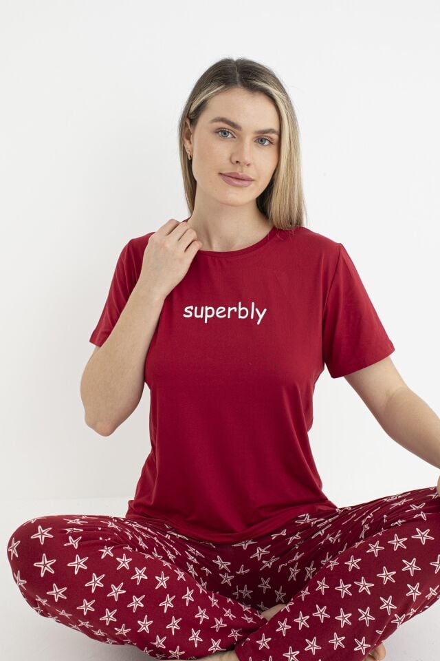 Kadın Yazlık Superbly Yazılı Kısa Kollu Soft Pijama Takımı - Kırmızı