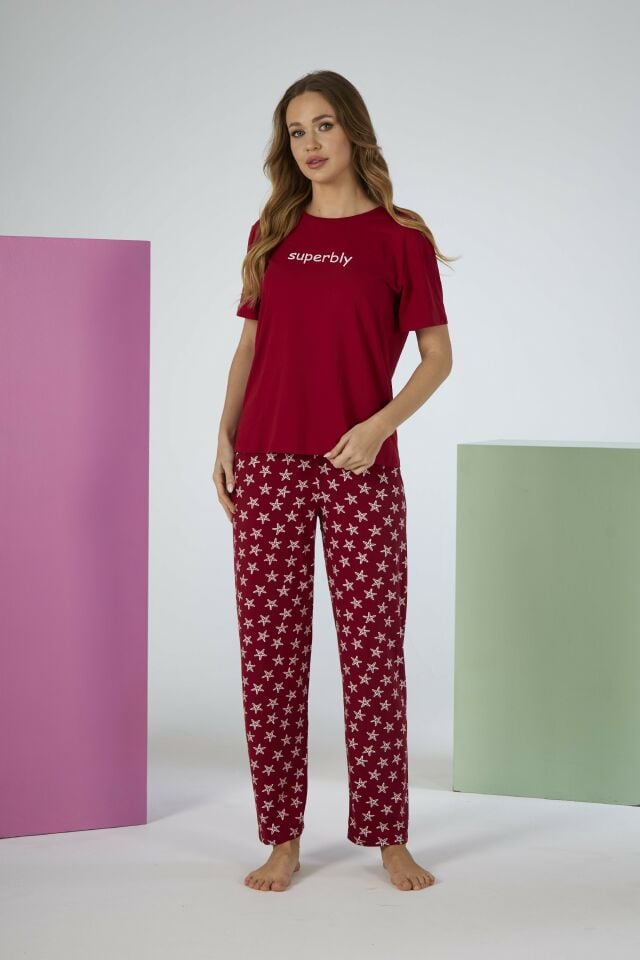 Kadın Yazlık Superbly Yazılı Kısa Kollu Soft Pijama Takımı - Kırmızı