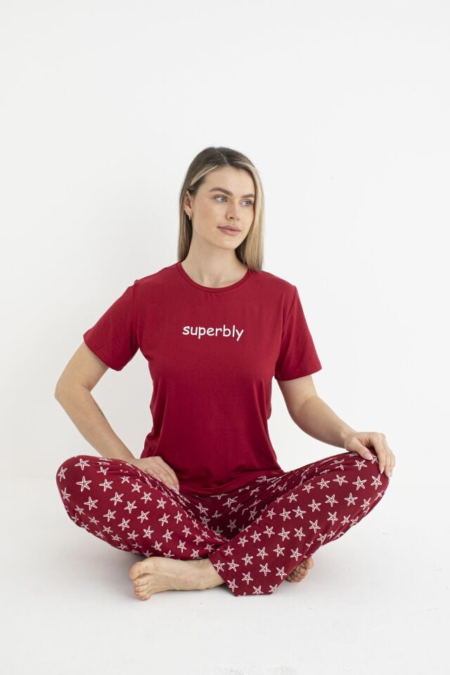 Kadın Yazlık Superbly Yazılı Kısa Kollu Soft Pijama Takımı - Kırmızı