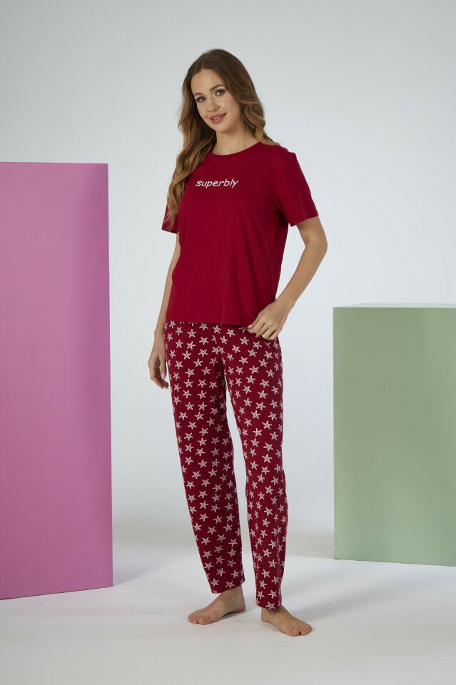 Kadın Yazlık Superbly Yazılı Kısa Kollu Soft Pijama Takımı - Kırmızı