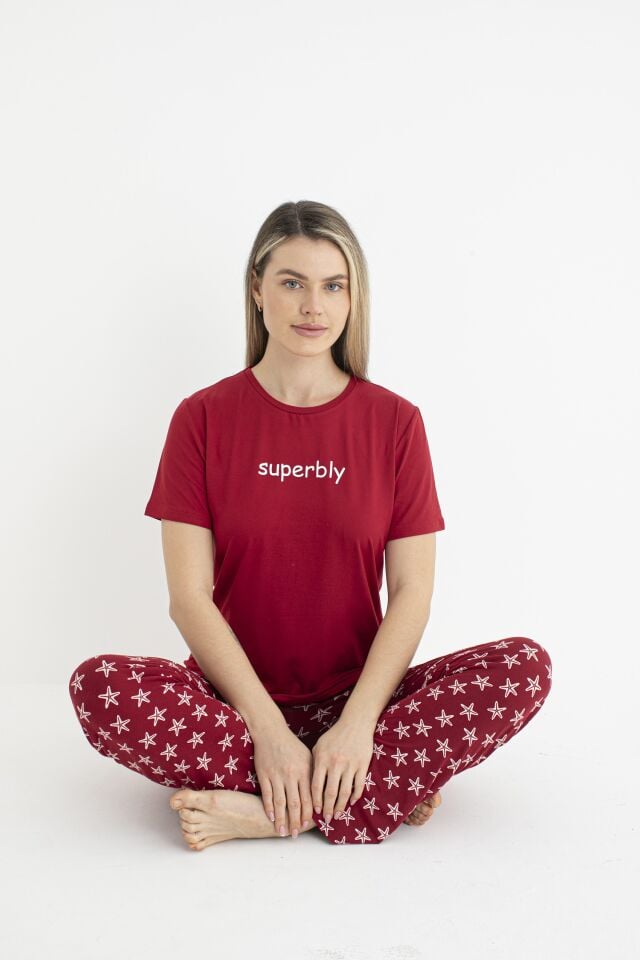 Kadın Yazlık Superbly Yazılı Kısa Kollu Soft Pijama Takımı - Kırmızı