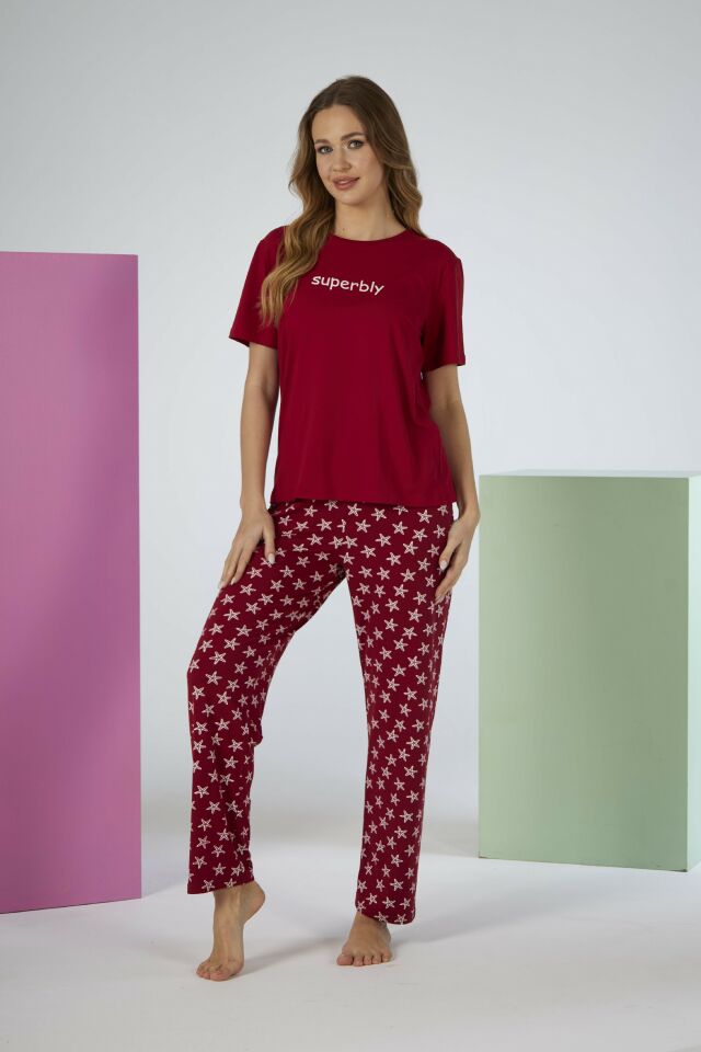 Kadın Yazlık Superbly Yazılı Kısa Kollu Soft Pijama Takımı - Kırmızı