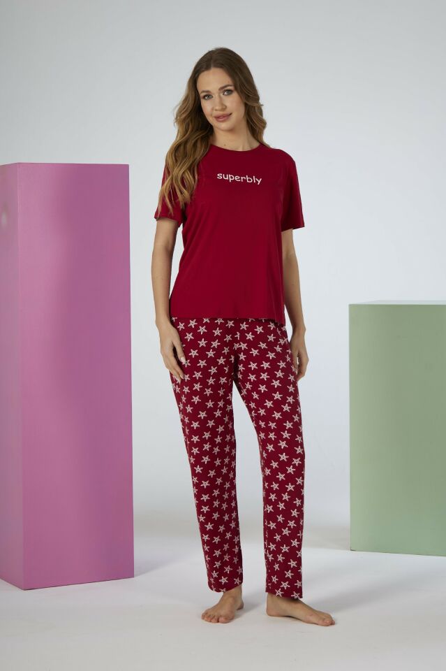 Kadın Yazlık Superbly Yazılı Kısa Kollu Soft Pijama Takımı - Kırmızı