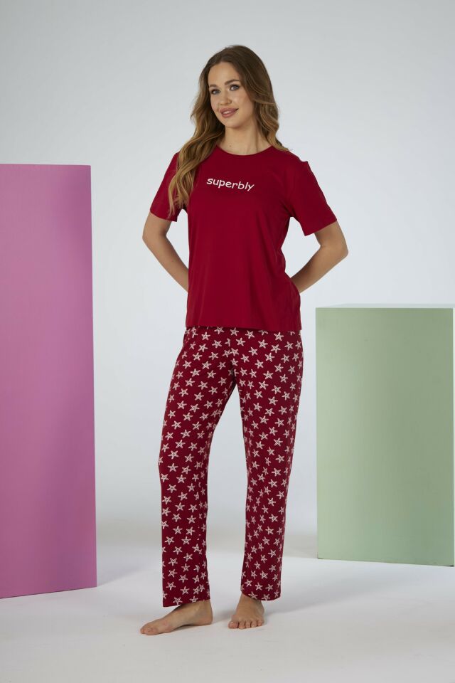 Kadın Yazlık Superbly Yazılı Kısa Kollu Soft Pijama Takımı - Kırmızı