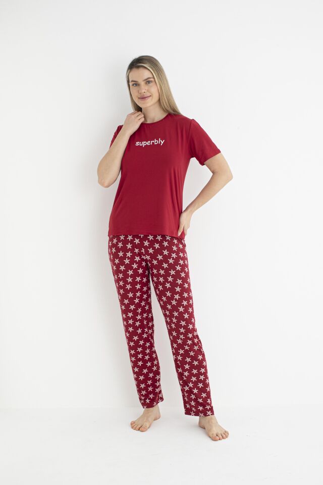 Kadın Yazlık Superbly Yazılı Kısa Kollu Soft Pijama Takımı - Kırmızı