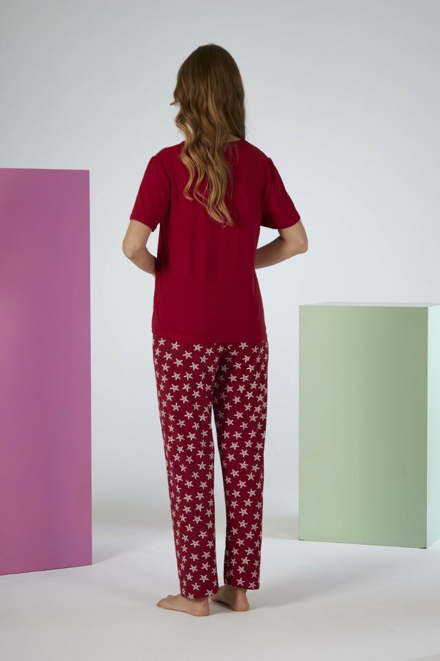 Kadın Yazlık Superbly Yazılı Kısa Kollu Soft Pijama Takımı - Kırmızı