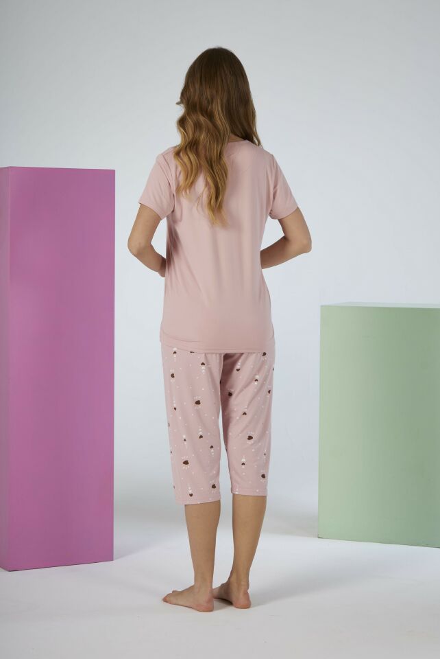 Estiva Kadın Kalp Alt Desenli Pembe Kısa Kollu Kaprili Soft Pijama Takımı