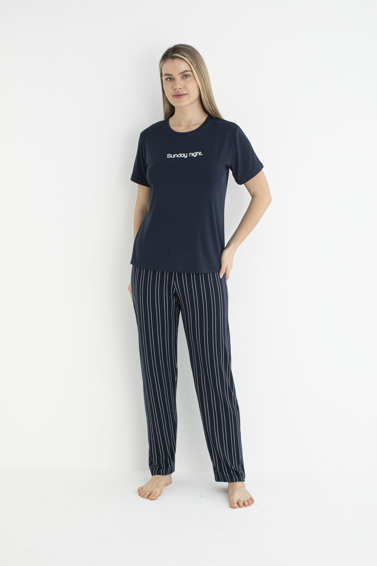 Kadın Yazlık Sunday Night Yazılı Kısa Kollu Soft Pijama Takımı - Lacivert