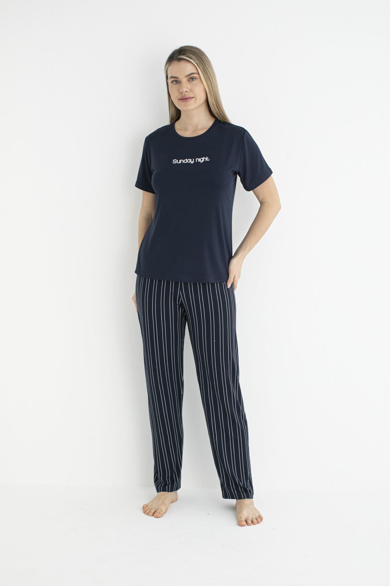 Kadın Yazlık Sunday Night Yazılı Kısa Kollu Soft Pijama Takımı - Lacivert