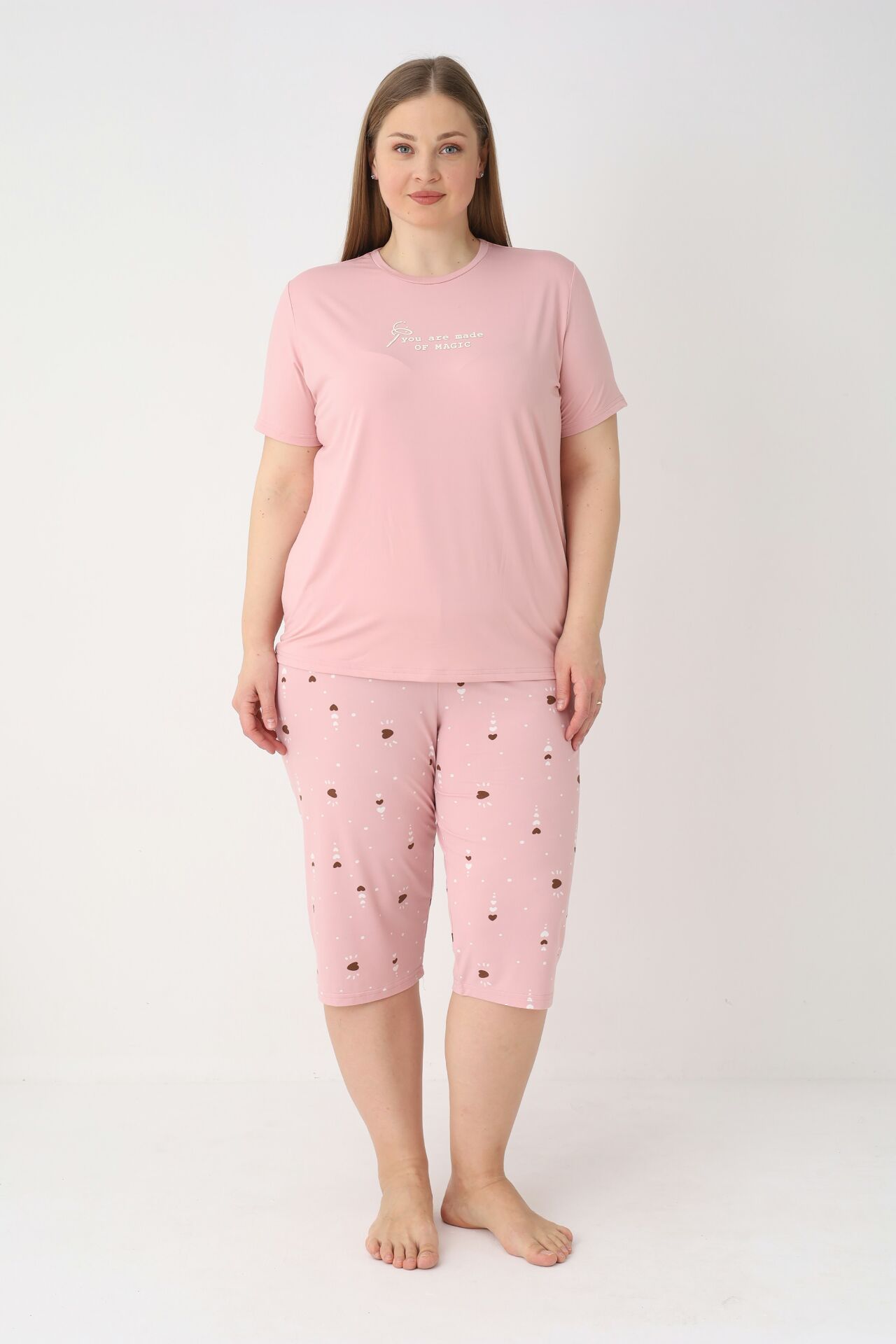 Estiva Kadın Kalp Alt Desenli Pembe Kısa Kollu Kaprili Soft Battal Pijama Takımı