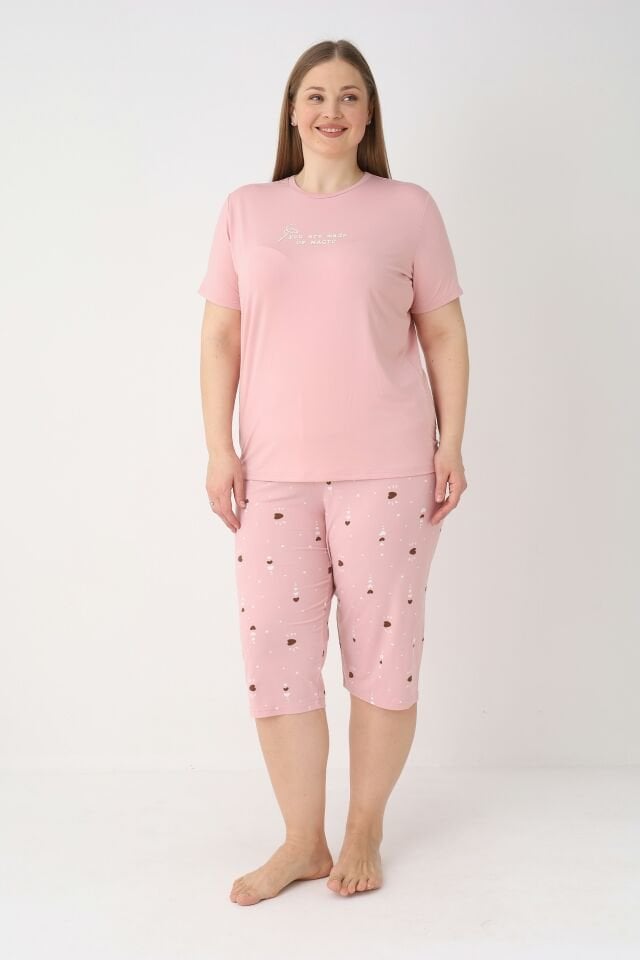 Estiva Kadın Kalp Alt Desenli Pembe Kısa Kollu Kaprili Soft Battal Pijama Takımı
