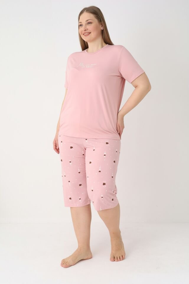 Estiva Kadın Kalp Alt Desenli Pembe Kısa Kollu Kaprili Soft Battal Pijama Takımı