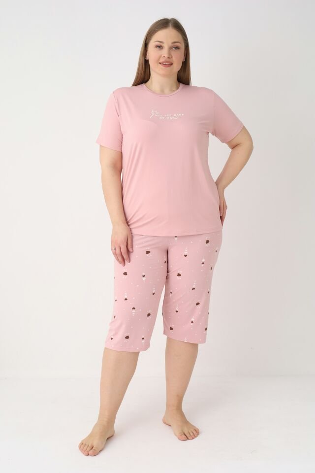 Estiva Kadın Kalp Alt Desenli Pembe Kısa Kollu Kaprili Soft Battal Pijama Takımı