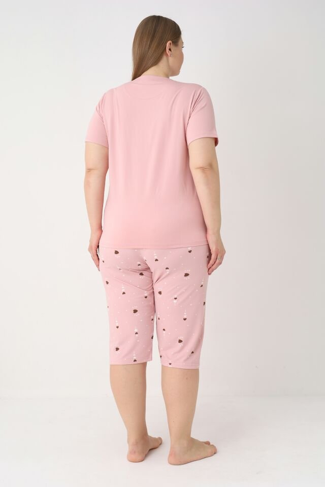 Estiva Kadın Kalp Alt Desenli Pembe Kısa Kollu Kaprili Soft Battal Pijama Takımı