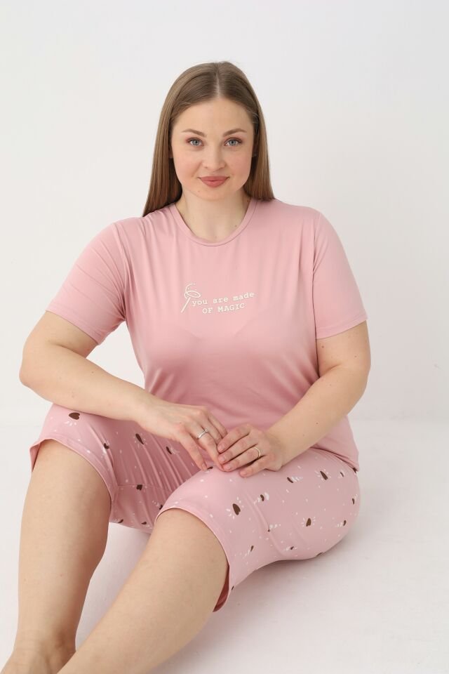 Estiva Kadın Kalp Alt Desenli Pembe Kısa Kollu Kaprili Soft Battal Pijama Takımı