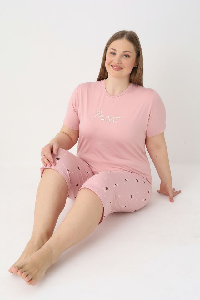 Estiva Kadın Kalp Alt Desenli Pembe Kısa Kollu Kaprili Soft Battal Pijama Takımı