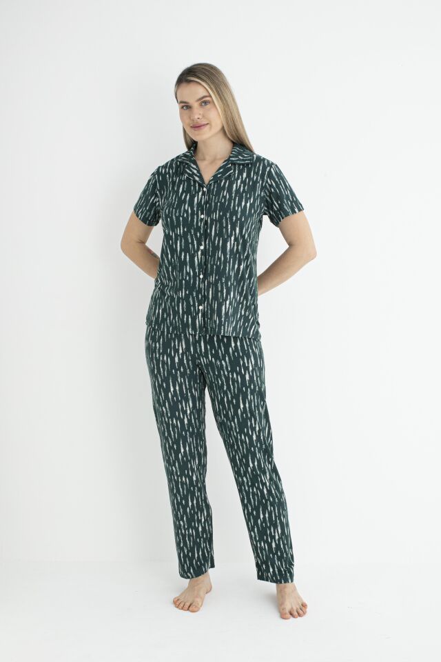 Kadın Yazlık Desenli Önden Düğmeli Kısa Kollu Soft Pijama Takımı - Yeşil