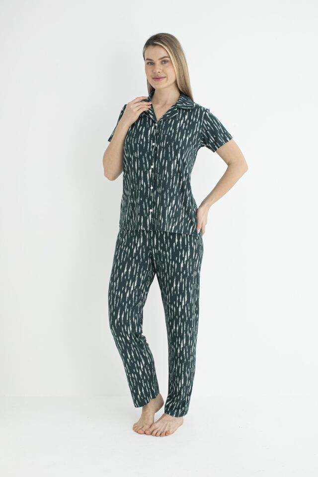 Kadın Yazlık Desenli Önden Düğmeli Kısa Kollu Soft Pijama Takımı - Yeşil