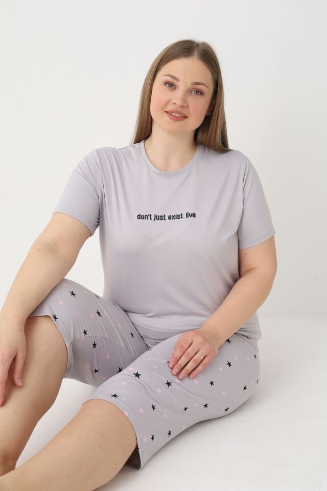 Estiva Kadın Yıldız Alt Desenli Gri Kısa Kollu Kaprili Soft Battal Pijama Takımı