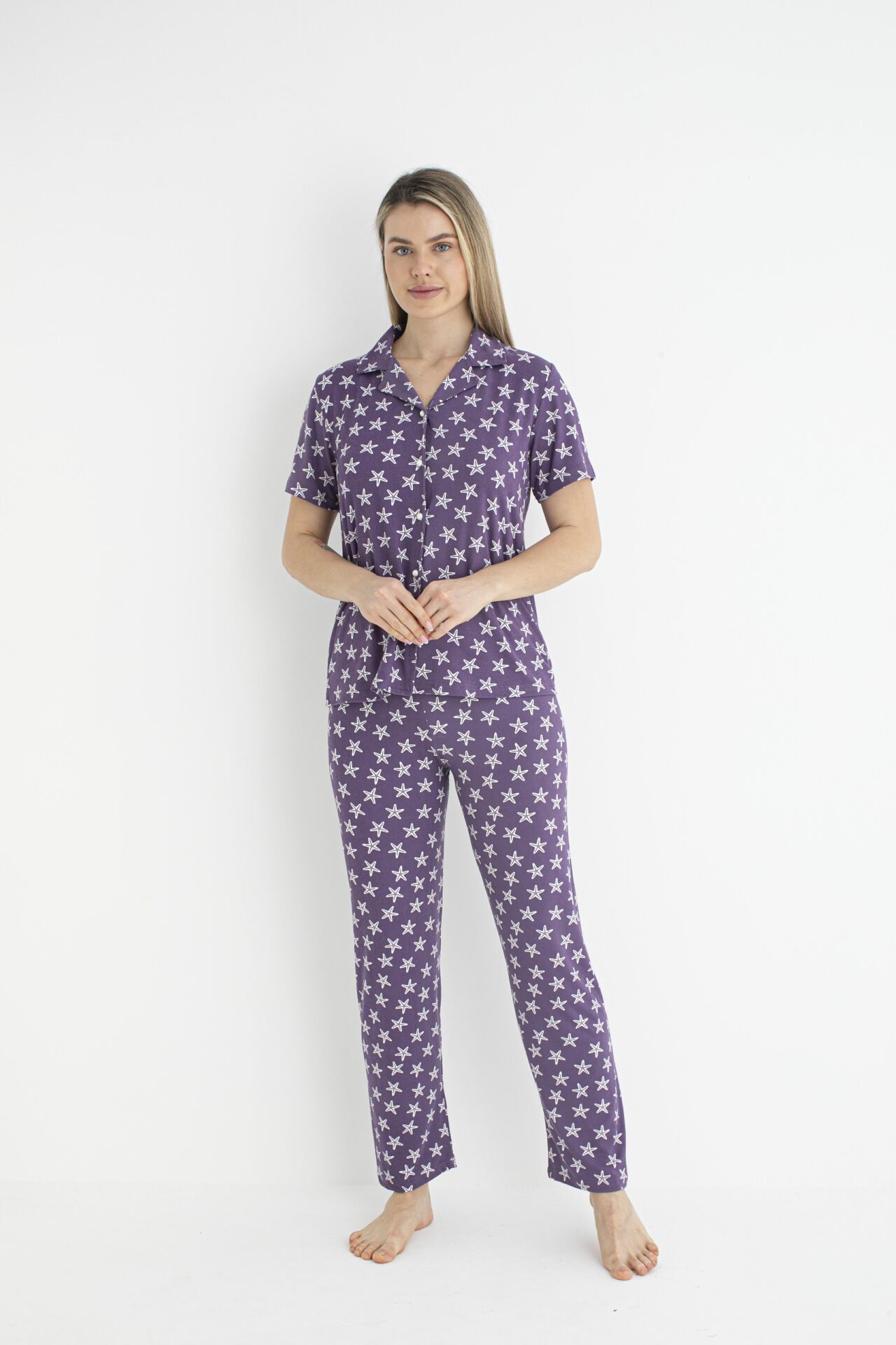 Kadın Yazlık Yıldız Desenli Önden Düğmeli Kısa Kollu Soft Pijama Takımı - Lila