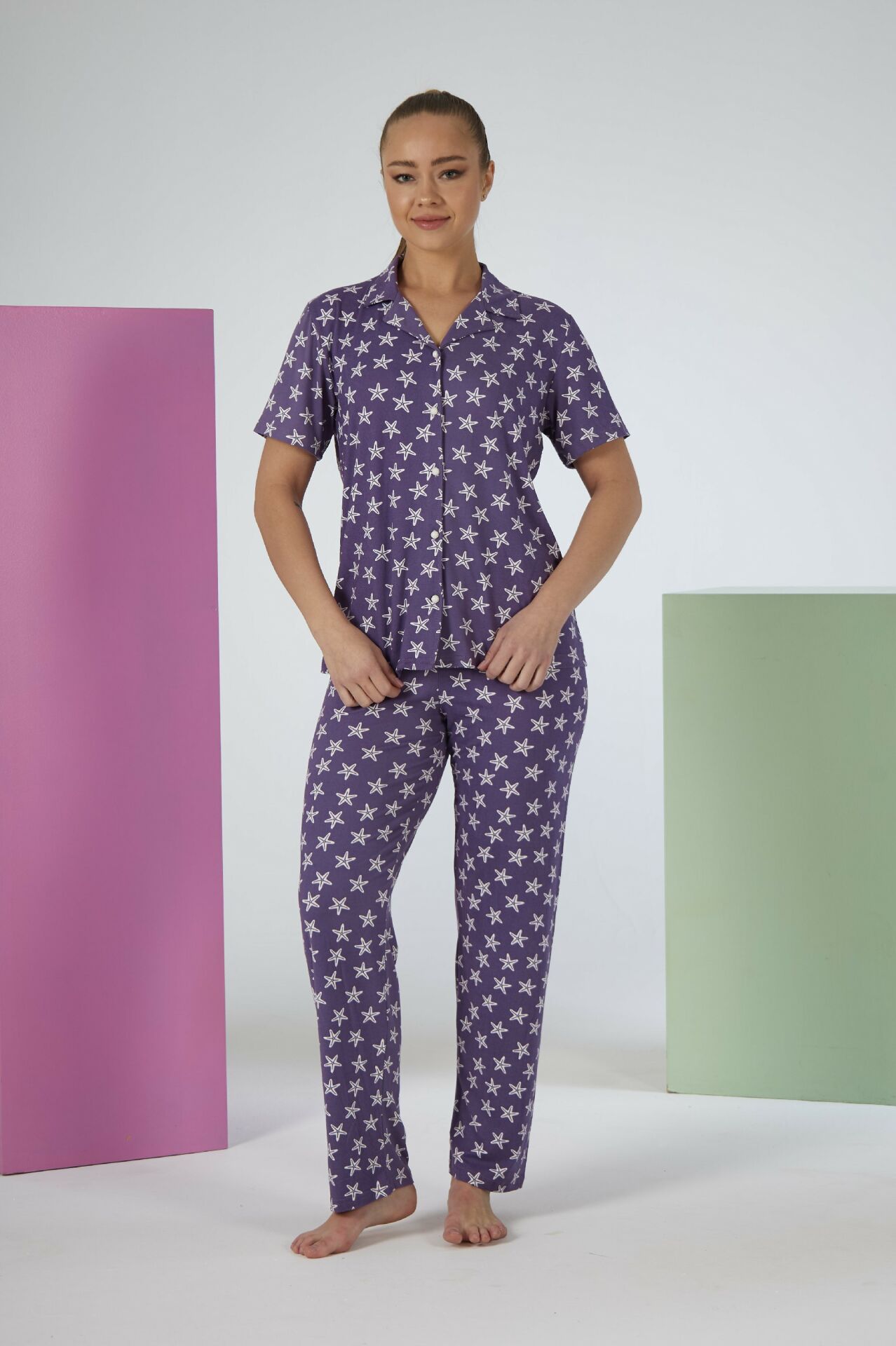 Kadın Yazlık Yıldız Desenli Önden Düğmeli Kısa Kollu Soft Pijama Takımı - Lila