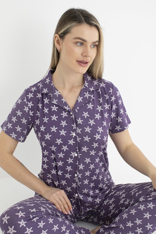 Kadın Yazlık Yıldız Desenli Önden Düğmeli Kısa Kollu Soft Pijama Takımı - Lila