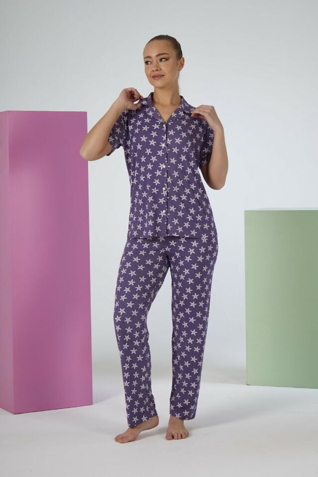 Kadın Yazlık Yıldız Desenli Önden Düğmeli Kısa Kollu Soft Pijama Takımı - Lila