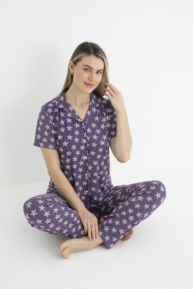 Kadın Yazlık Yıldız Desenli Önden Düğmeli Kısa Kollu Soft Pijama Takımı - Lila