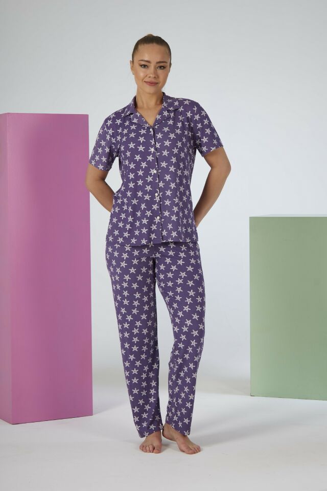 Kadın Yazlık Yıldız Desenli Önden Düğmeli Kısa Kollu Soft Pijama Takımı - Lila