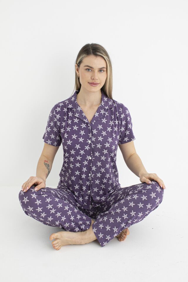 Kadın Yazlık Yıldız Desenli Önden Düğmeli Kısa Kollu Soft Pijama Takımı - Lila