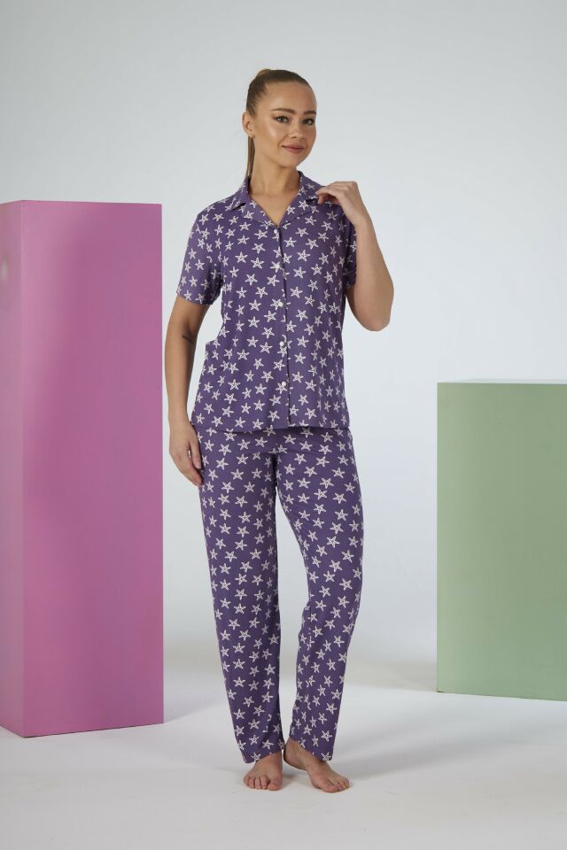 Kadın Yazlık Yıldız Desenli Önden Düğmeli Kısa Kollu Soft Pijama Takımı - Lila