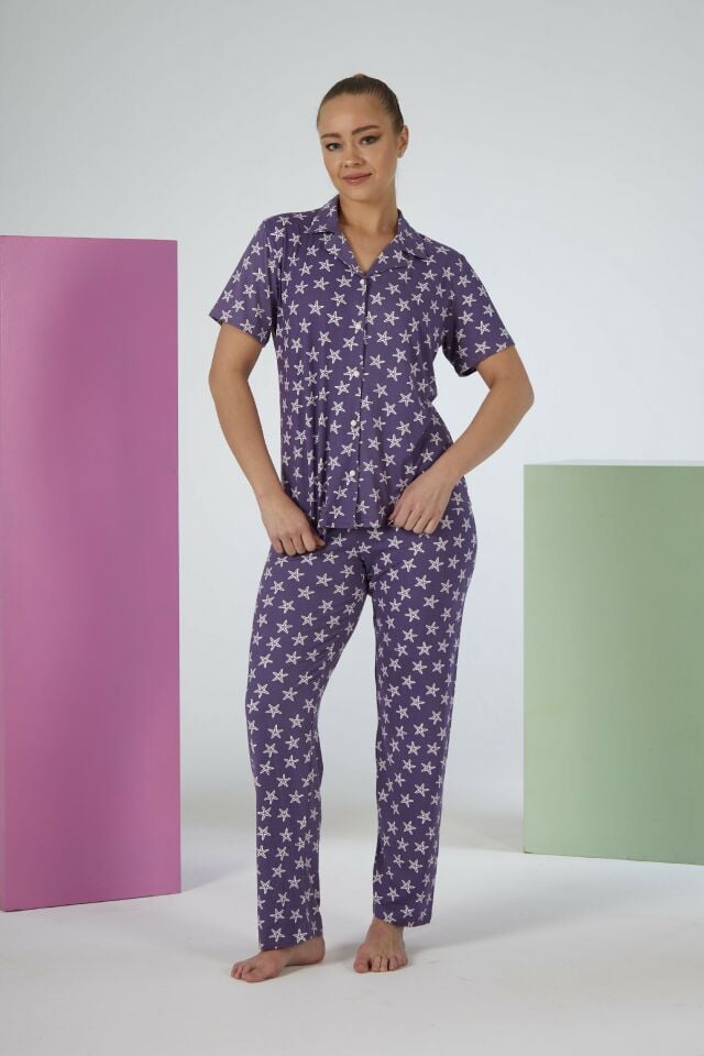 Kadın Yazlık Yıldız Desenli Önden Düğmeli Kısa Kollu Soft Pijama Takımı - Lila