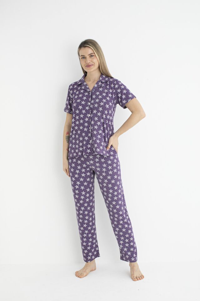 Kadın Yazlık Yıldız Desenli Önden Düğmeli Kısa Kollu Soft Pijama Takımı - Lila