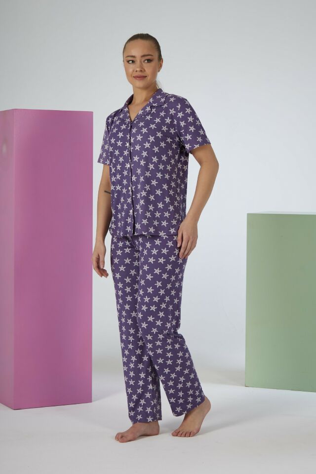 Kadın Yazlık Yıldız Desenli Önden Düğmeli Kısa Kollu Soft Pijama Takımı - Lila