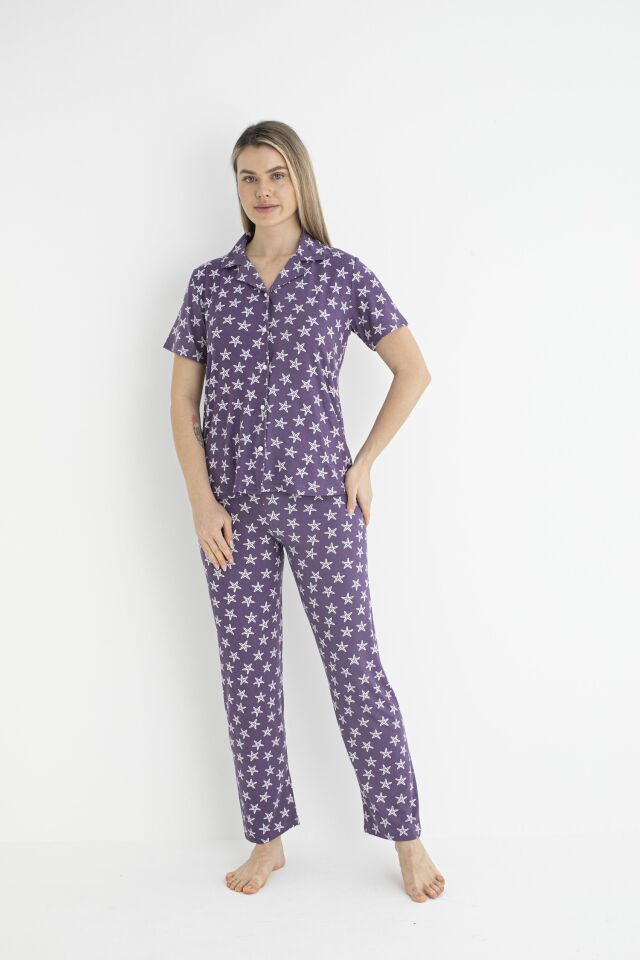Kadın Yazlık Yıldız Desenli Önden Düğmeli Kısa Kollu Soft Pijama Takımı - Lila