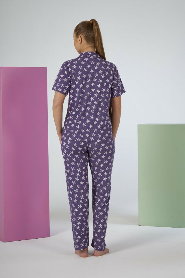 Kadın Yazlık Yıldız Desenli Önden Düğmeli Kısa Kollu Soft Pijama Takımı - Lila