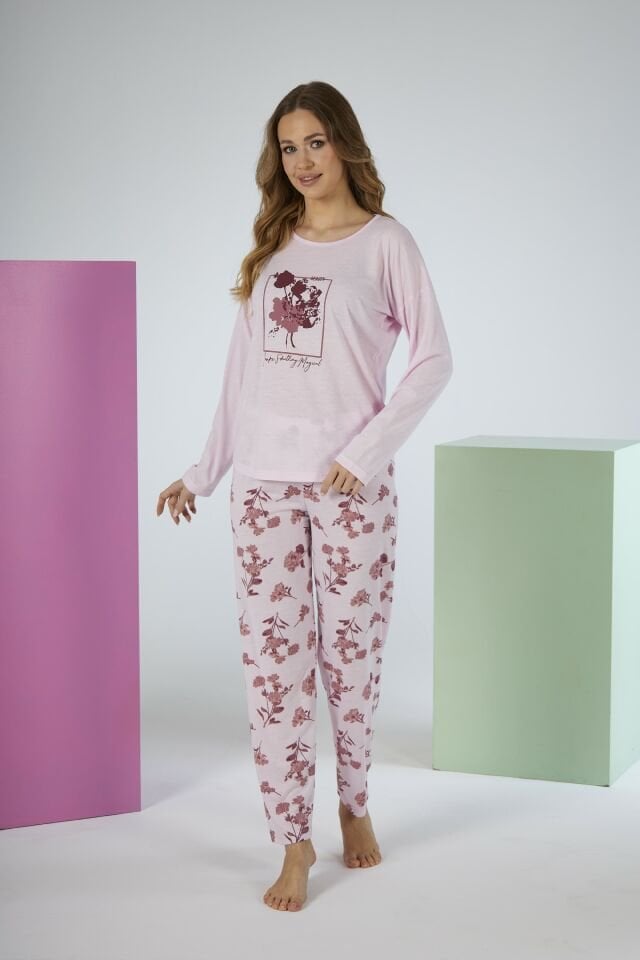 Kadın Yazlık Çiçek Desenli Uzun Kollu Viskon Pijama Takımı - Pembe