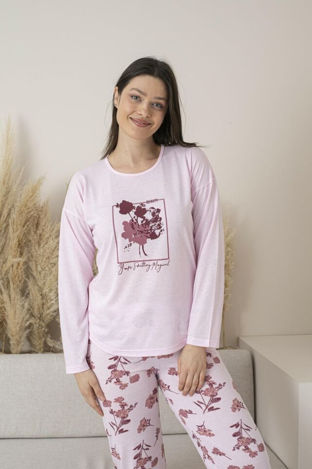 Kadın Yazlık Çiçek Desenli Uzun Kollu Viskon Pijama Takımı - Pembe