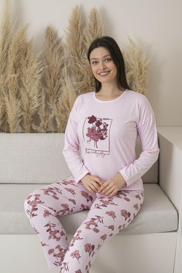 Kadın Yazlık Çiçek Desenli Uzun Kollu Viskon Pijama Takımı - Pembe