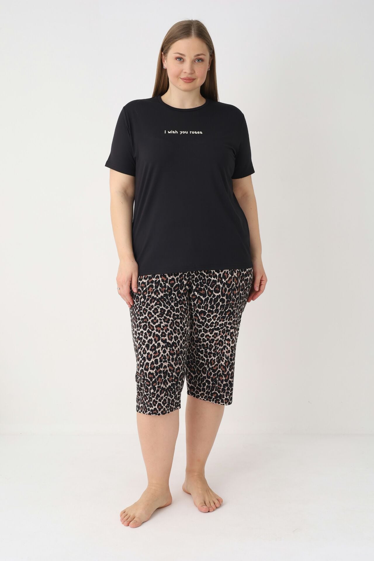 Estiva Kadın Kaplan Alt Desenli Siyah Kısa Kollu Kaprili Soft Battal Pijama Takımı