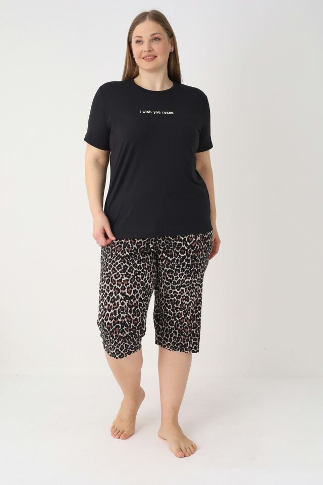Estiva Kadın Kaplan Alt Desenli Siyah Kısa Kollu Kaprili Soft Battal Pijama Takımı