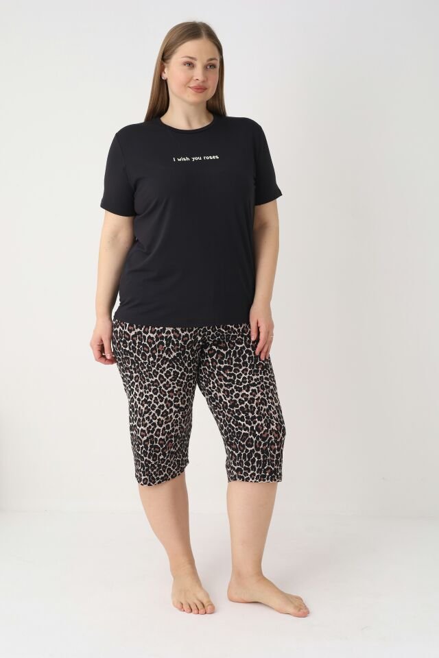 Estiva Kadın Kaplan Alt Desenli Siyah Kısa Kollu Kaprili Soft Battal Pijama Takımı