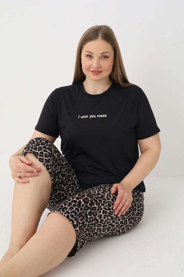 Estiva Kadın Kaplan Alt Desenli Siyah Kısa Kollu Kaprili Soft Battal Pijama Takımı