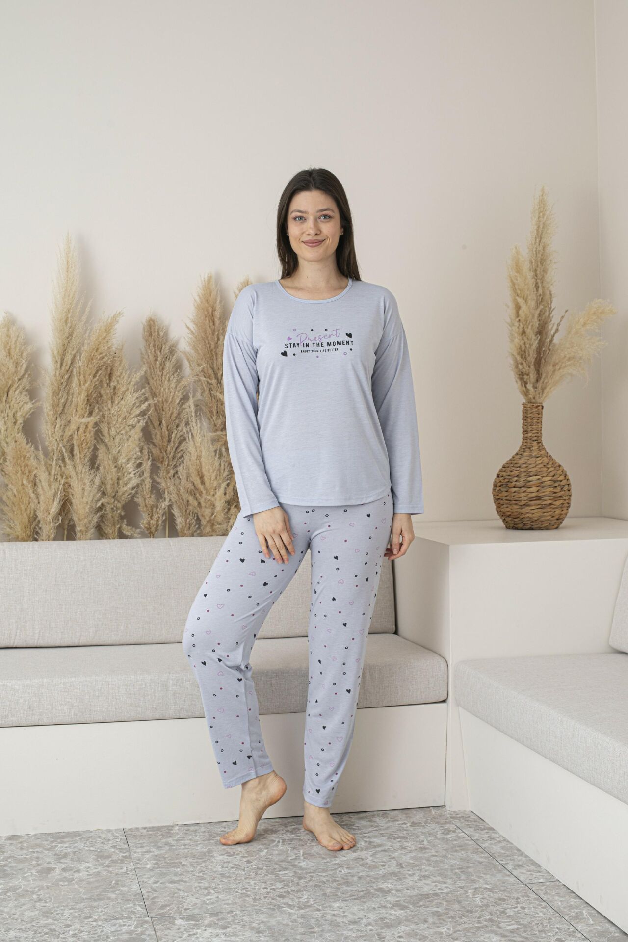 Kadın Yazlık Kalp Desenli Uzun Kollu Viskon Pijama Takımı