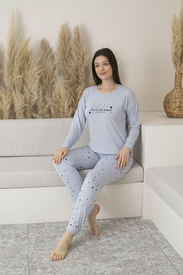 Kadın Yazlık Kalp Desenli Uzun Kollu Viskon Pijama Takımı