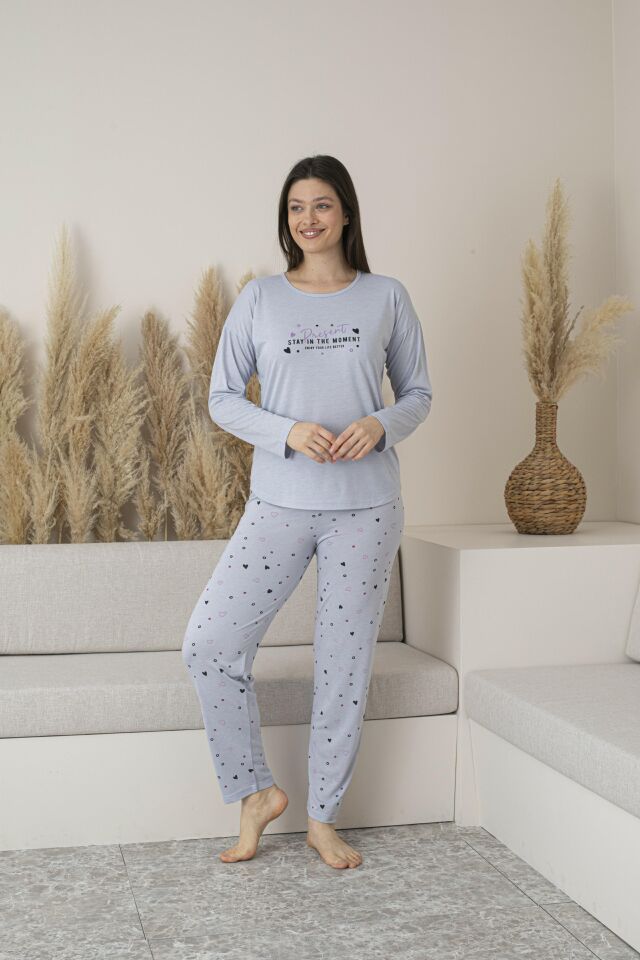 Kadın Yazlık Kalp Desenli Uzun Kollu Viskon Pijama Takımı