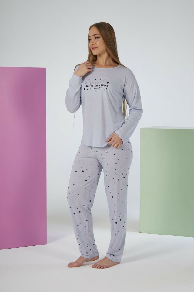 Kadın Yazlık Kalp Desenli Uzun Kollu Viskon Pijama Takımı M - Gri