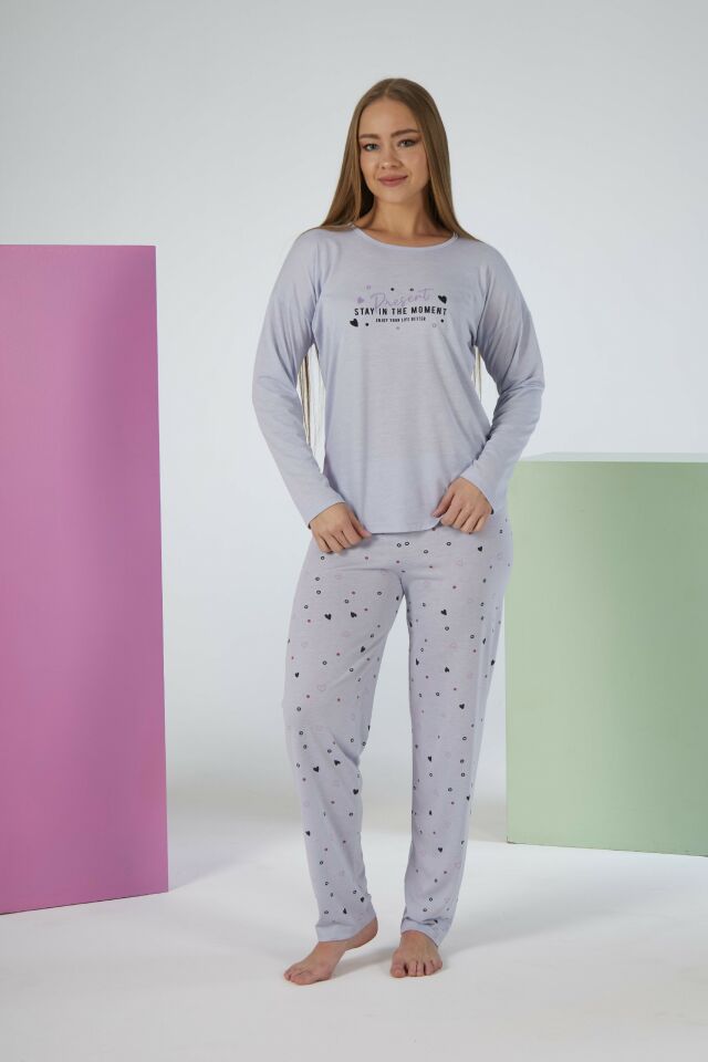 Kadın Yazlık Kalp Desenli Uzun Kollu Viskon Pijama Takımı L - Gri