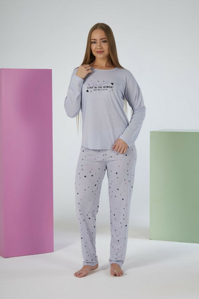 Kadın Yazlık Kalp Desenli Uzun Kollu Viskon Pijama Takımı L - Gri